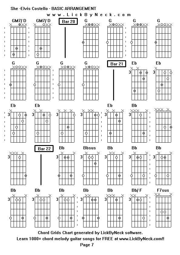 Chord Grids Chart of chord melody fingerstyle guitar song-She -Elvis Costello - BASIC ARRANGEMENT,generated by LickByNeck software.